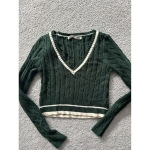Altar State Green Cable Knit V Neck Sweater Striped Trim Cropped Womens SmallY2K